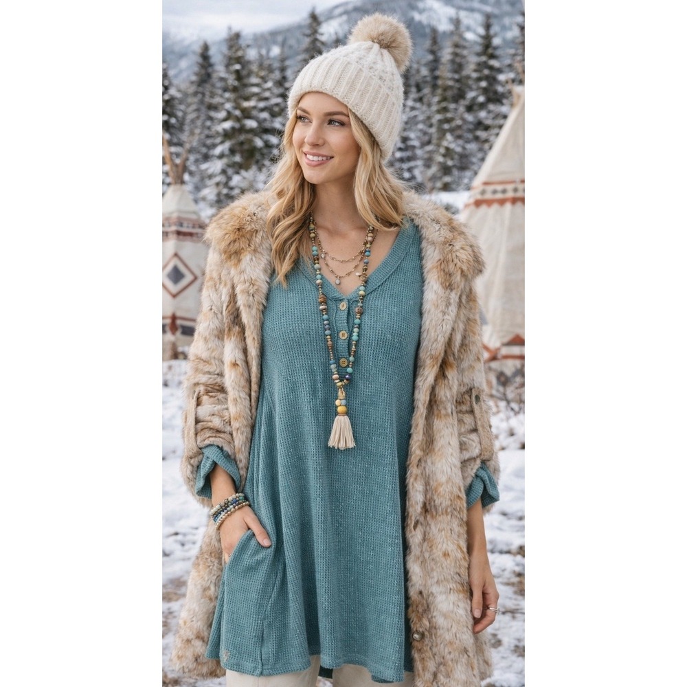 UMGEE Womens L Ruffle Tunic Shirt  Relaxed Boho Thermal Oversized Grunge